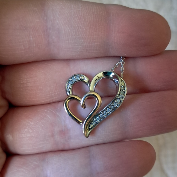 14kt Rose Gold Sterling Silver Diamond Double Heart Pendant Italian Necklace - Picture 10 of 12